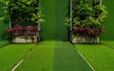 Dos jardines verticales con diferentes tipos de césped y plantas. El camino central muestra dos tonos de césped artificial.
