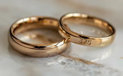 Dwa złote obrączki, jedna z wygrawerowaną próbą złota 375, symbolizujące wieczną miłość.