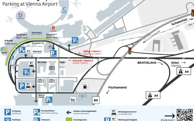 Mapa lotniska w Wiedniu z oznaczeniami parkingów, terminali i dróg. W weekend wiedeński parkowanie jest łatwe dzięki tej mapie.