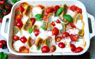 Herzhafter Maultaschen Auflauf mit Kirschtomaten und geschmolzenem Mozzarella, garniert mit frischem Basilikum.