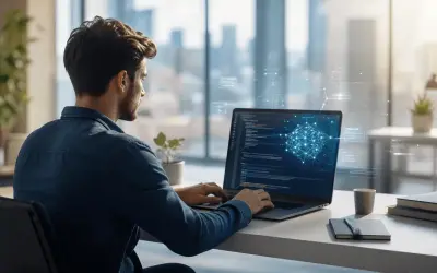 Mężczyzna pracuje przy laptopie, na ekranie kod i wizualizacja sieci neuronowej. To inspiracja, jak zostać programistą i tworzyć przyszłość.