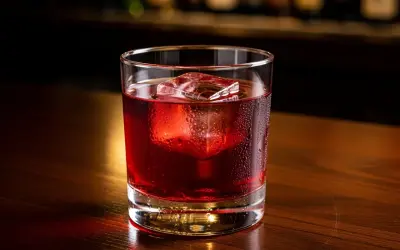 Ett glas med en röd negroni, isbitar och kondens på glaset, på en träyta. Perfekt för ett negroni recept.