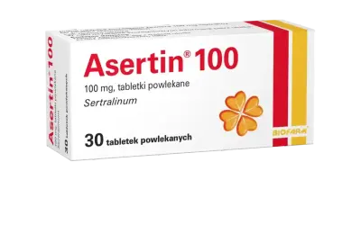Opakowanie leku Asertin 100 mg, zawierającego sertralinę, stosowanego w leczeniu depresji i innych schorzeń. Zoloft to nazwa handlowa tego typu leku.