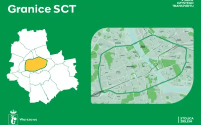 Mapa Warszawy z zaznaczonymi granicami strefy czystego transportu. Widać obszar SCT w centrum miasta.