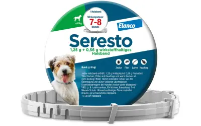 Seresto Halsband für Hunde bis 8 kg mit dem Wirkstoff Imidacloprid und Flumethrin. Bietet 7-8 Monate Schutz vor Zecken, Flöhen und Haarlingen.