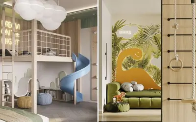 Tableau chambre bébé à faire soi-même : un lit mezzanine avec toboggan bleu et une jungle de dinosaures avec mur d'escalade.