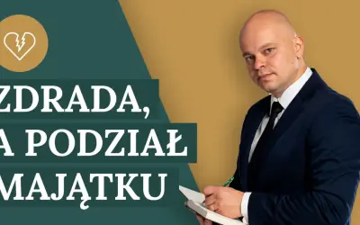 Mężczyzna w garniturze pisze w notatniku. Tekst na ekranie: "ZDRADA, A PODZIAŁ MAJĄTKU". Rozwód bez podziału majątku konsekwencje.