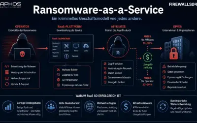 Ransomware-as-a-Service-Modell: Operator entwickelt Malware, Affiliates führen Angriffe aus, Opfer zahlen Lösegeld.