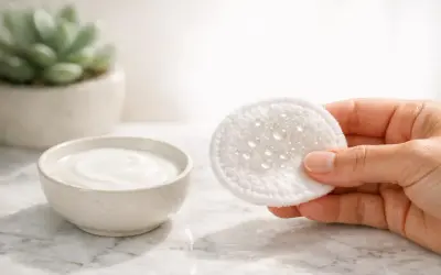 Un dischetto di cotone bagnato, pronto per rimuovere il trucco con latte detergente o acqua micellare, accanto a una ciotola di crema bianca.