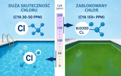 Woda w basenie staje się zielona, gdy za wysokie pH wody w basenie objawy blokują chlor. Woda z czystym chlorem jest niebieska.