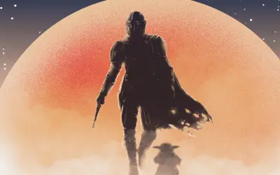 Mandalorian i Dziecko idą pod wielką, pomarańczową planetą. To jest ten sposób, mandalorian po polsku.
