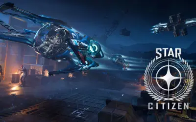 Nocny deszcz na stacji kosmicznej. Widać statek z załogą, logo Star Citizen i zapowiedź gry na Xbox.