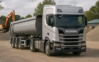 Srebrna wywrotka Scania R459 z naczepą, gotowa do transportu kruszywa. Sprawdź, jaka jest tłuczeń cena za wywrotkę.