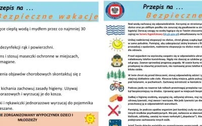 Przepis na bezpieczne wakacje: myj ręce, dezynfekuj, zachowaj dystans, unikaj słońca, dbaj o higienę.