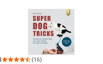 Buchcover "Super Dog Tricks" von Sara Carson. Ein Hund steht auf den Füßen einer Frau, die auf dem Rücken liegt. Die Anleitung verspricht Hundetricks von einfach bis super schwierig.
