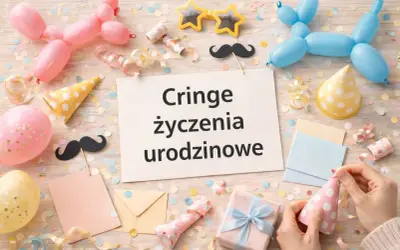 Urodzinowe dekoracje, balony i konfetti. Na kartce napis: "Cringe życzenia urodzinowe". Idealne na śmieszne wierszyki dla dorosłych.
