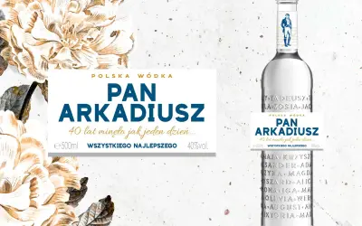 Elegancka butelka polskiej wódki "Pan Arkadiusz" z dedykacją na 40. urodziny. Idealny prezent dla każdego Pana Arkadiusza.