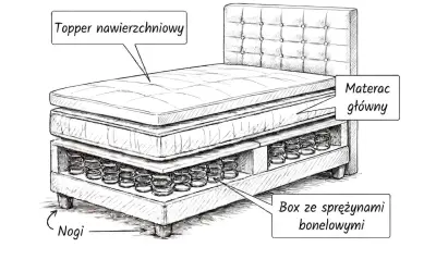 Rozkład łóżka: topper nawierzchniowy, materac główny, box ze sprężynami bonelowymi i nogi.