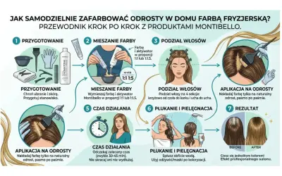 Ilustracja przedstawia 7 kroków farbowania odrostów w domu, od przygotowania po rezultat.