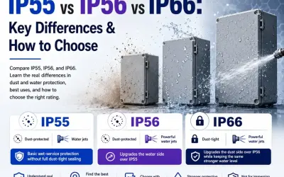 Comparaison des indices de protection IP55, IP56 et IP66. Le signification IP55 indique une protection contre la poussière et les jets d'eau.