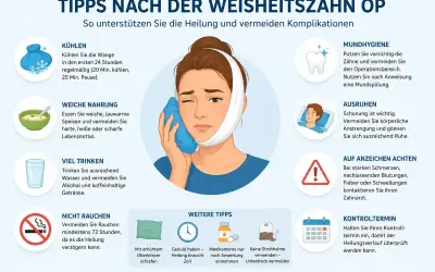 Tipps zur regenerationszeit nach op: Frau kühlt Wange, isst weich, trinkt viel, ruht sich aus. Wichtig: Mundhygiene, keine Anstrengung, auf Warnzeichen achten.