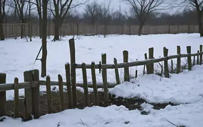 Zimowy krajobraz z drewnianym płotem. Kilka słupków ogrodzeniowych jest pochylonych, co sugeruje potrzebę naprawy i pytanie, jak wyprostować słupek ogrodzeniowy.