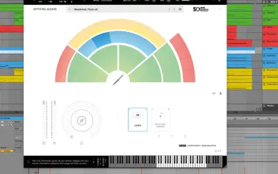 Spitfire Audio's BBC Symphony Orchestra VST plugin interface, showing woodwinds and a virtual keyboard.