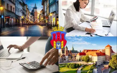 Kraków: Rynek Główny, Wawel, kobiety pracujące z kalkulatorem i laptopem, herb miasta.