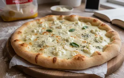Une délicieuse pizza 4 fromage recette, prête à être dégustée. Ses fromages fondants et sa pâte dorée invitent à la gourmandise.