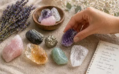 Mano sceglie un cristallo viola, circondato da quarzi di vari colori e lavanda. Il quarzo ha un profondo significato spirituale.
