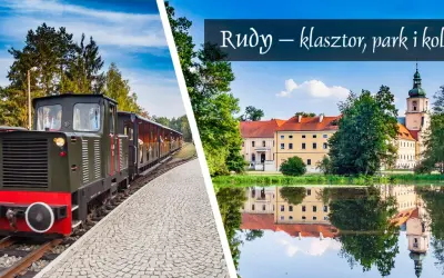 Kolejka wąskotorowa i malowniczy krajobraz z odbiciem w wodzie, ukazujące piękno opactwa cystersów w Rudach.