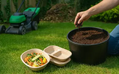 Persona añade tierra a un compostador al aire libre. Hay restos de comida y un cortacésped en el jardín.