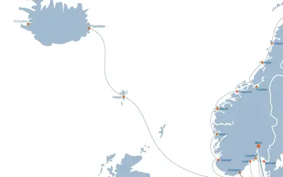 Mapa tras promowych: Islandia, Wyspy Owcze, Szkocja, Norwegia, Dania, Szwecja. Prom Polska Norwegia to marzenie wielu podróżników.