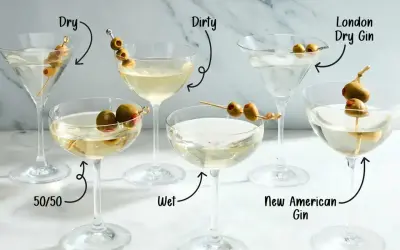 Różne rodzaje wódki z martini, od "Dry" po "Dirty", z oliwkami i etykietami wskazującymi na składniki.