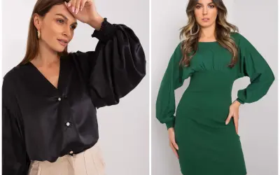 Elegancka czarna bluzka z bufiatymi rękawami i zielona sukienka z podobnymi rękawami.