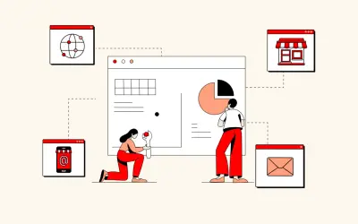 Ilustración que muestra cómo funciona una tienda online: personas interactuando con gráficos, un globo terráqueo, un móvil, una tienda y un email.