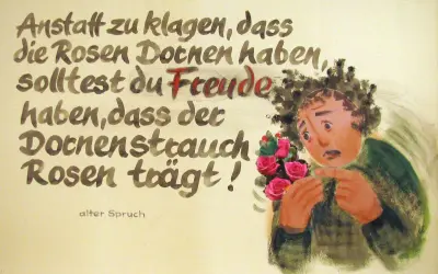 Lebensweisheiten alter Spruch: Statt über Dornen zu klagen, freue dich, dass Rosen wachsen. Ein Mann mit Rosenstrauß sticht sich in den Finger.
