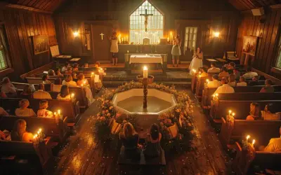 Intérieur d'une église en bois, ambiance chaleureuse avec des bougies. Une cérémonie de baptême se déroule, avec un chant de sortie.