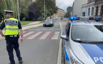 Policjant w kamizelce odblaskowej i radiowóz z włączonym sygnałem świetlnym stoją przy przejściu dla pieszych. Na radiowozie widoczny jest znak d6.