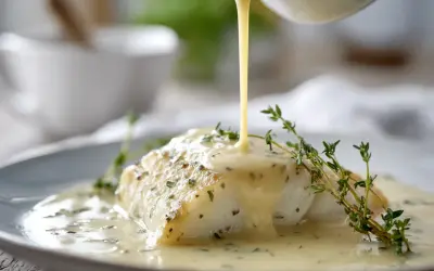 En bit vit fisk serveras med en krämig vitvinssås till fisk, garnerad med färsk timjan.