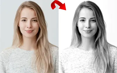 Dwie zdjęcia na białym tle: blondynka w kolorze i czarno-białe. Czerwona strzałka pokazuje przejście.
