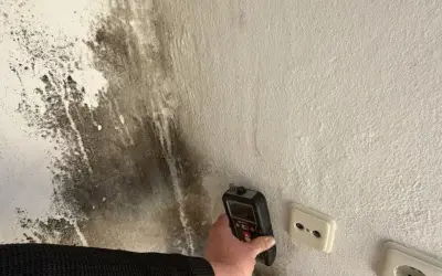 Ein Gerät misst die Feuchtigkeit an einer **schimmeligen Wand**. Dunkle Flecken breiten sich aus.