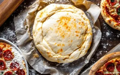 Une pâte filo dorée, prête à être garnie, repose sur du papier cuisson. Autour, des pizzas au pepperoni et un rouleau à pâtisserie.