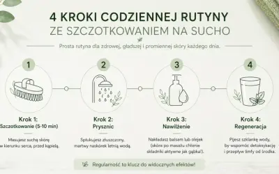 4 kroki do gładkiej skóry: szczotkowanie na sucho, prysznic, nawilżenie i regeneracja. Codzienna rutyna dla promiennej cery.