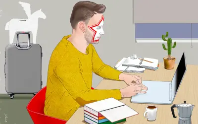 Autor z gwiazdą na twarzy pracuje przy laptopie, zastanawiając się, ile zarabiają autorzy książek. Obok walizka i pegaz.