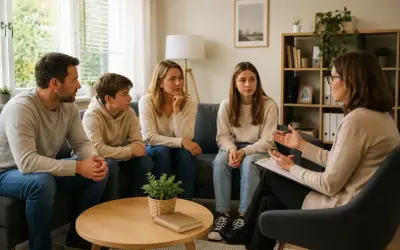 Rodzina podczas terapii systemowej. Terapeuta rozmawia z rodzicami i dwójką dzieci, siedząc naprzeciwko nich.