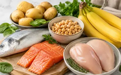 Bananen, Fisch, Hähnchenbrust, Kichererbsen, Kartoffeln und Spinat – alles leckere Vitamin B6 Lebensmittel für eine ausgewogene Ernährung.