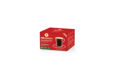 Röda förpackningen med Redespresso Rooibos Espresso Blend. Detta rooibos te är koffeinfritt och passar för Keurig-bryggare.