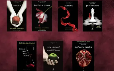 Saga Zmierzch- ile jest części? Na zdjęciu okładki 5 głównych tomów: Zmierzch, Księżyc w nowiu, Zaćmienie, Przed świtem, oraz dodatkowe: Drugie życie Bree Tanner i Życie i śmierć.