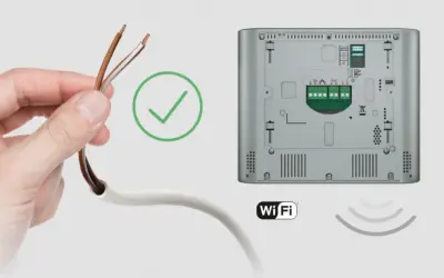 Dłoń trzyma przewody, obok zielony znaczek "OK" i panel domofonu z Wi-Fi. Jaki kabel do domofonu? Ten jest odpowiedni!
